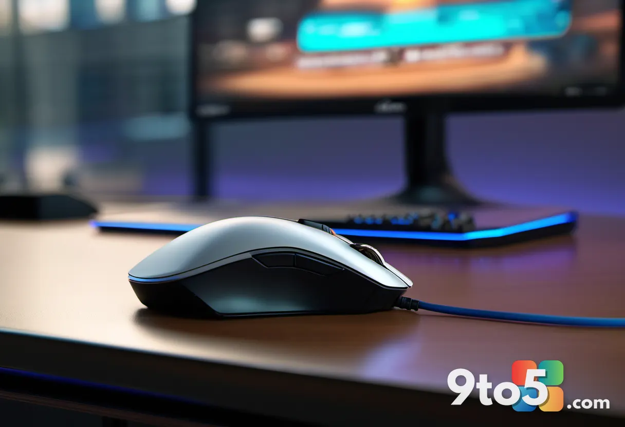 A close-up shot of a gaming mouse and controller resting on a desk mat, with a blurred monitor displaying fast-paced gam