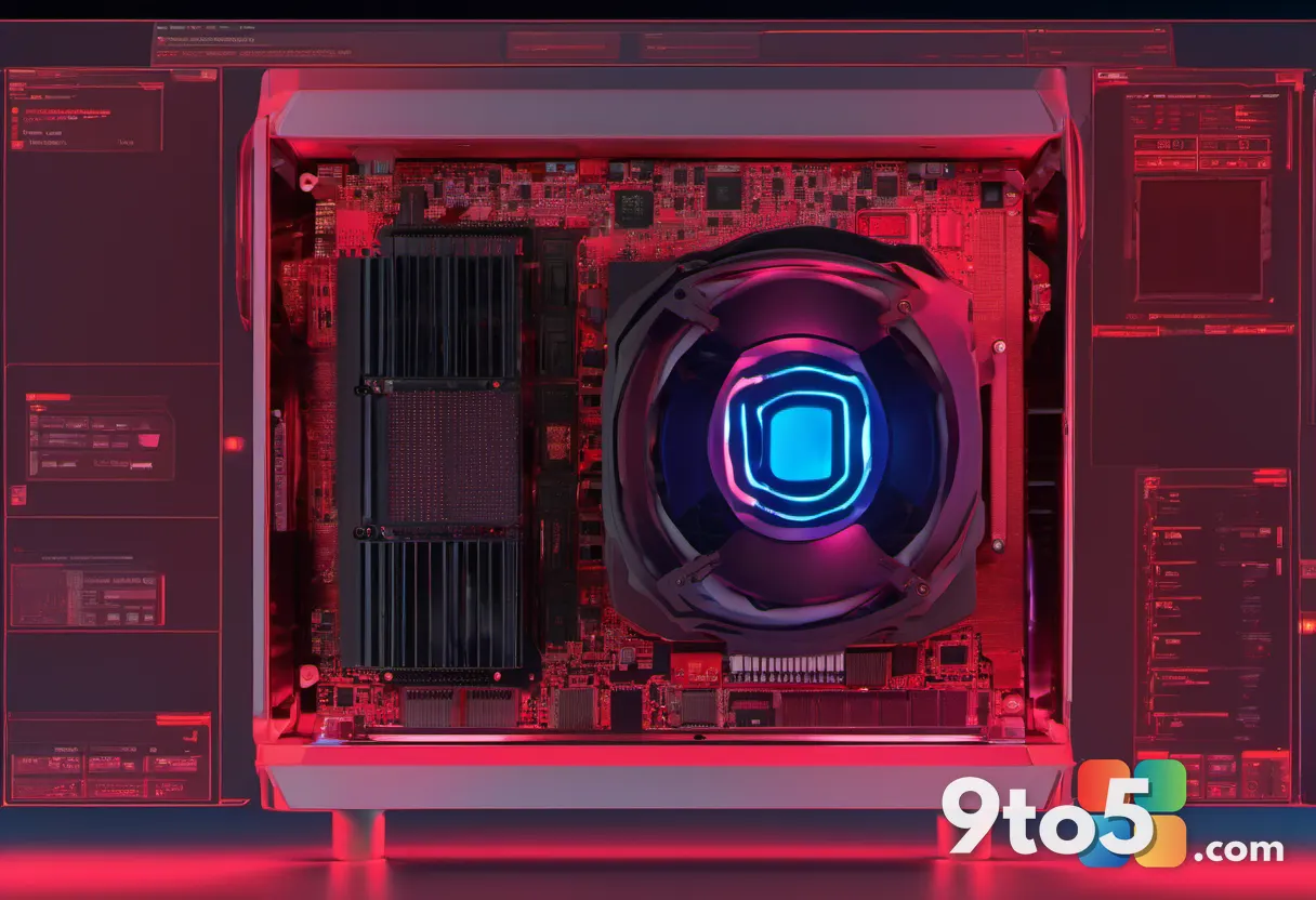 A thermal camera view of a graphics card inside an open PC case, showing heat distribution in warm reds and cool blues.