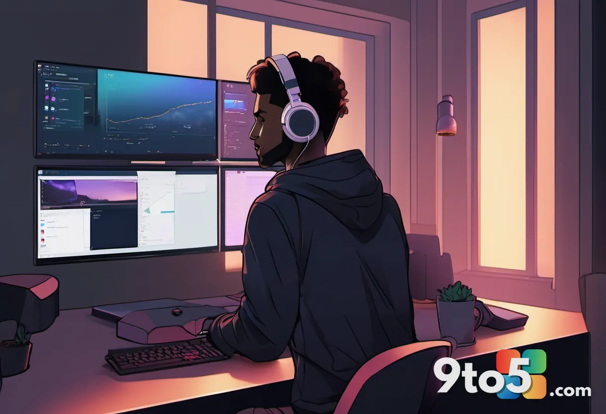 A person wearing over-ear headphones sitting comfortably in a dimly lit room, focused on a large monitor with a relaxed 