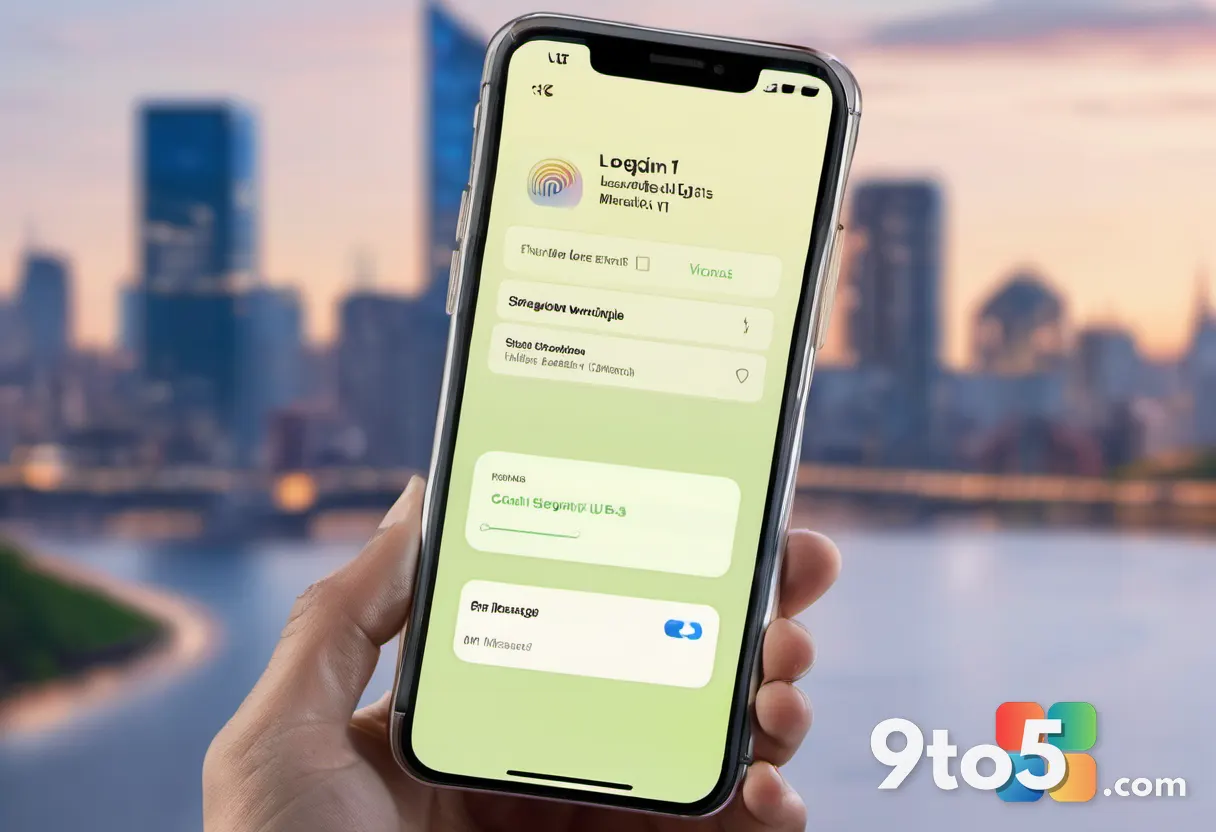 A close-up photograph of a smartphone screen displaying the Apple ID login interface, held in a hand against a blurred c
