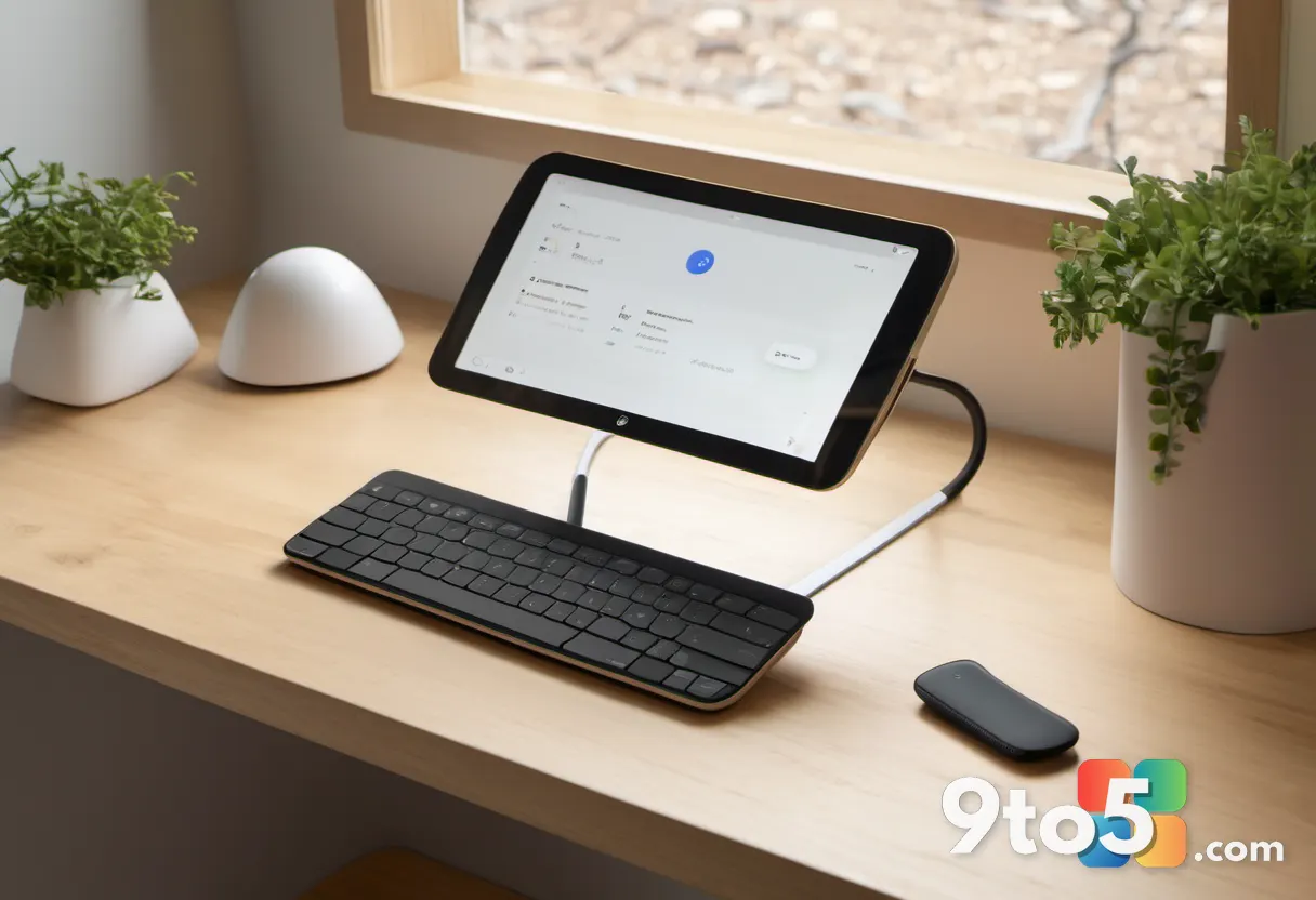 An overhead shot of a modern desk setup featuring a Google Nest Hub and a sleek tracking device on a wooden surface, wit