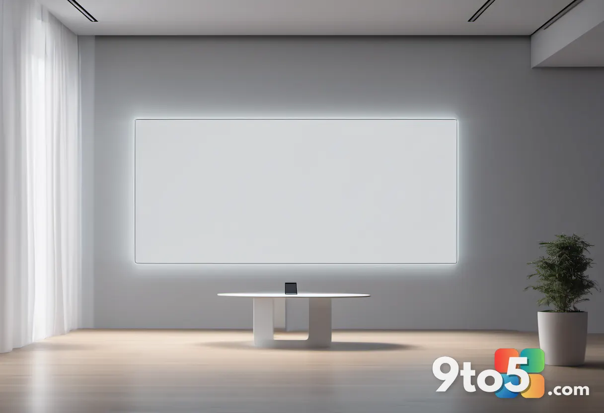 A bare, minimalist Apple-style event stage with a large iPhone silhouette on a screen, cool white and gray lighting, pro