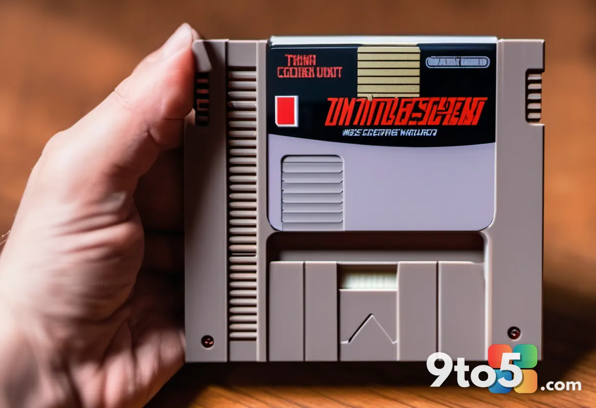 A hand holding a vintage NES cartridge, warm retro lighting, shallow depth of field, nostalgic mood, wooden desk backgro