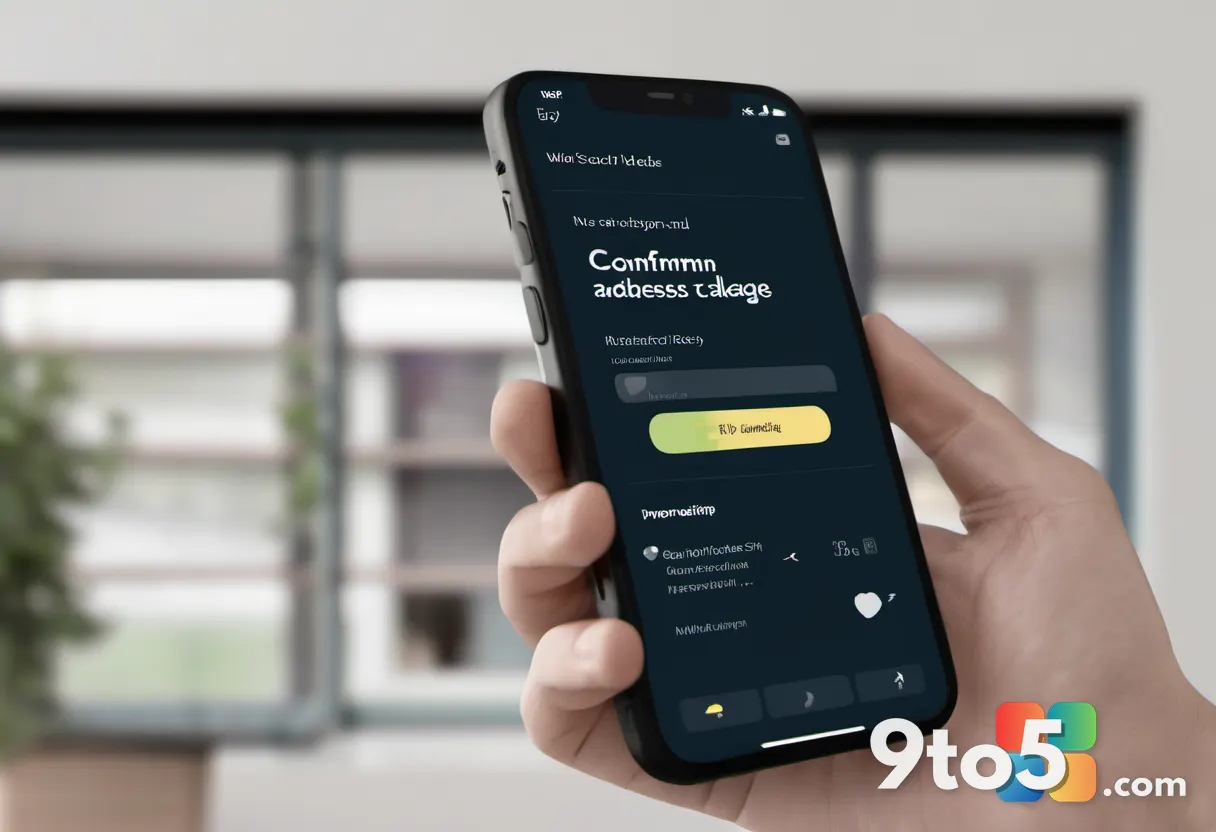 A hand holding a smartphone displaying a realistic parcel delivery tracking page with a 'Confirm Address' button, with a