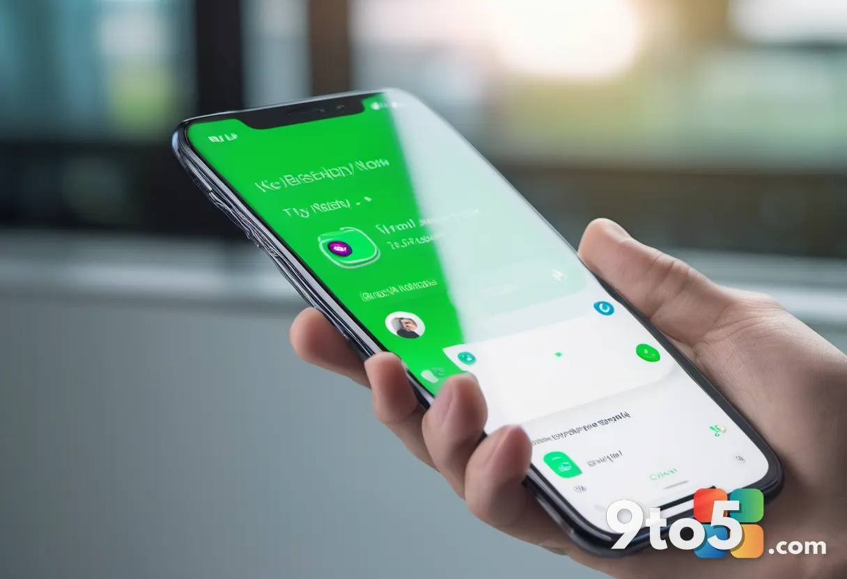 Close-up of a hand holding a smartphone displaying a secure AI chat interface with green checkmarks, blurred office back