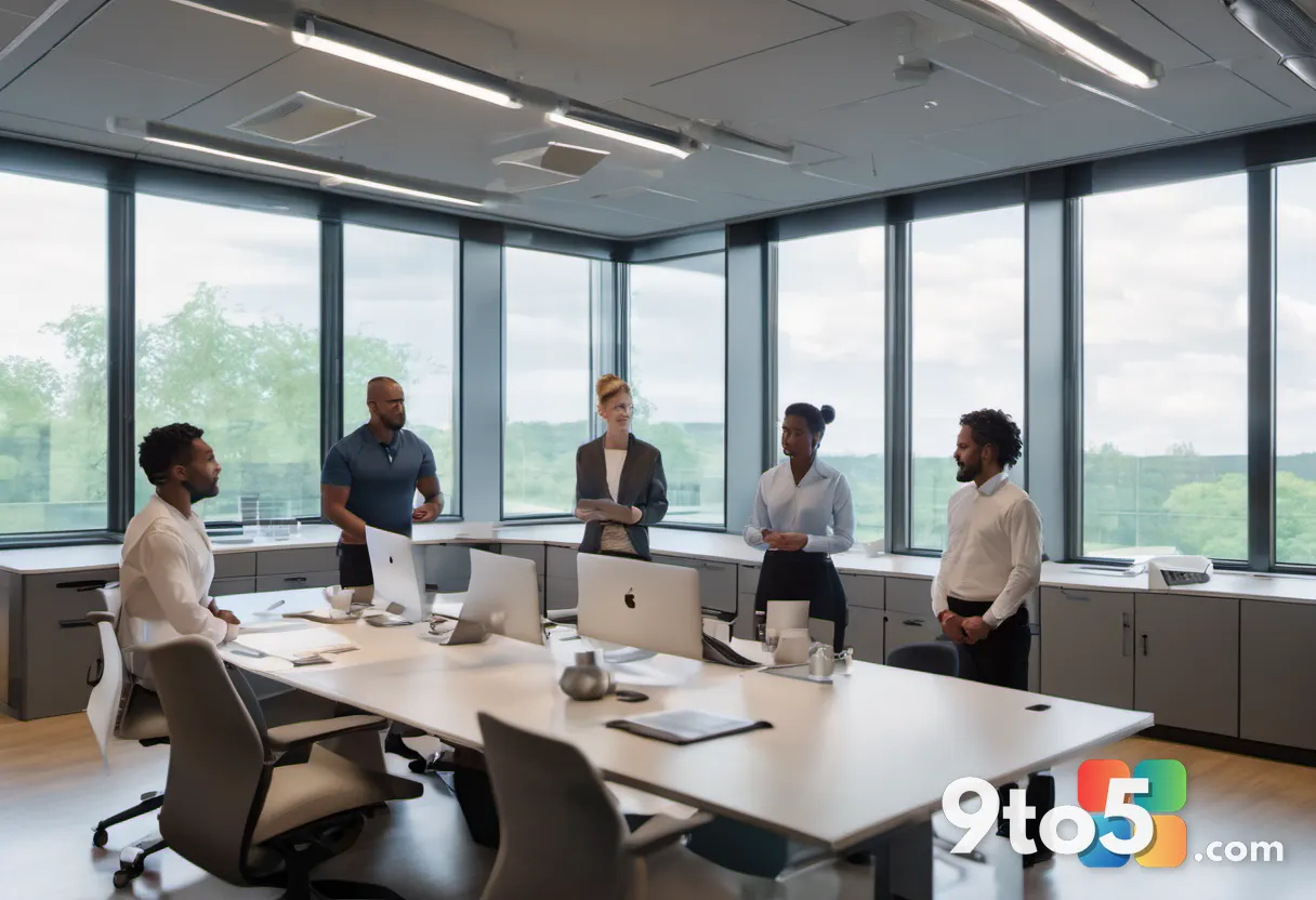 A diverse group of employees in a bright training room reviewing printed AI policy documents, engaged discussion, natura