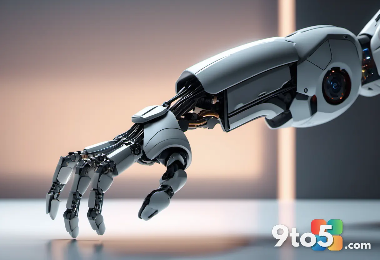 A hand reaching out to stop a robotic arm, symbolizing human control over AI decisions, dramatic lighting, close-up shot
