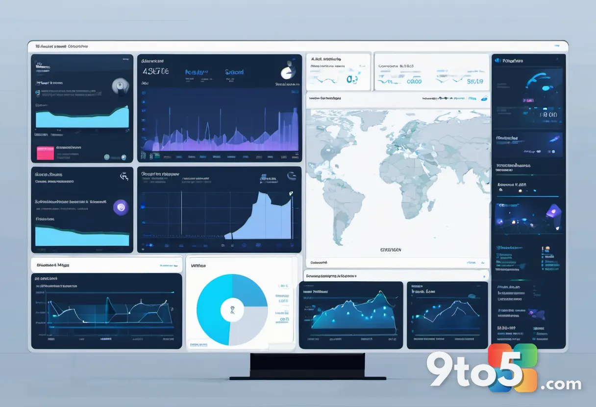 An illustrative security dashboard showing a network map with glowing nodes and shield icons, representing attack surfac