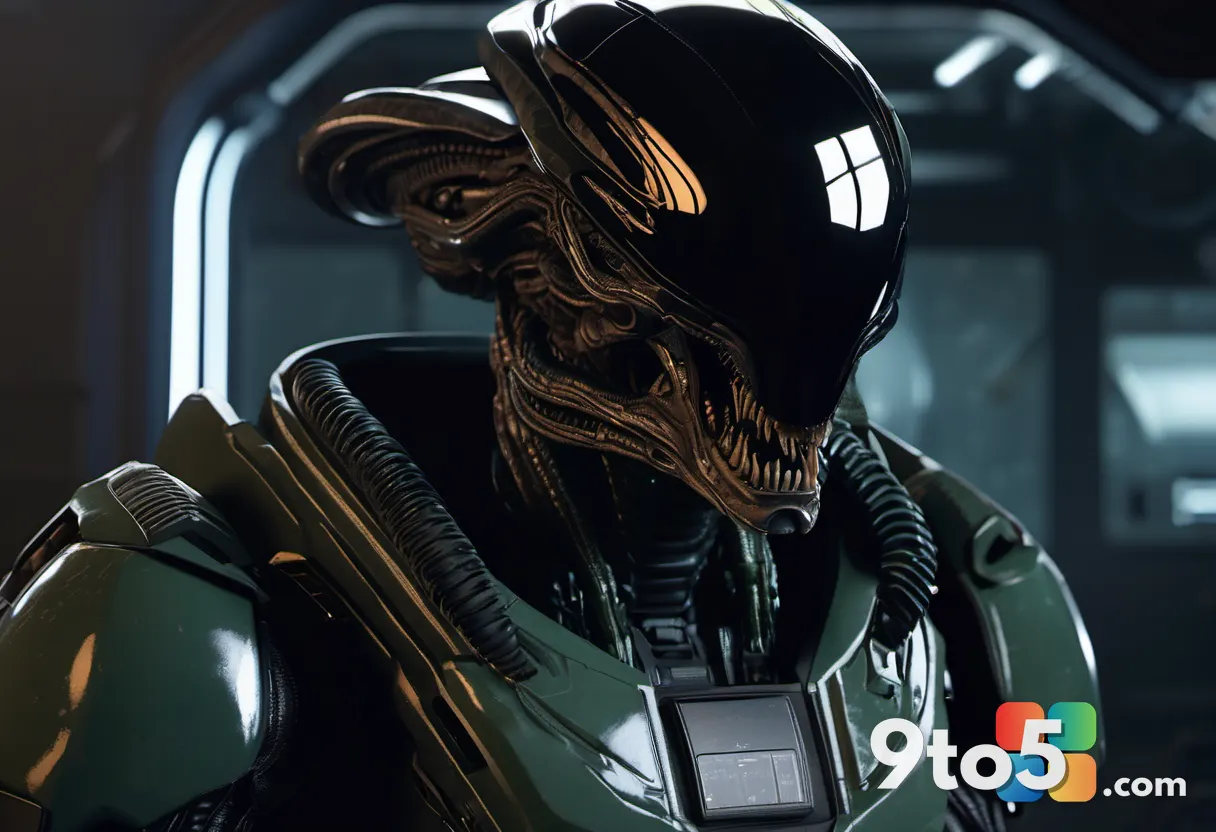 Close-up of a Colonial Marine helmet with a reflective visor showing a swarm of xenomorphs in the background, dark moody