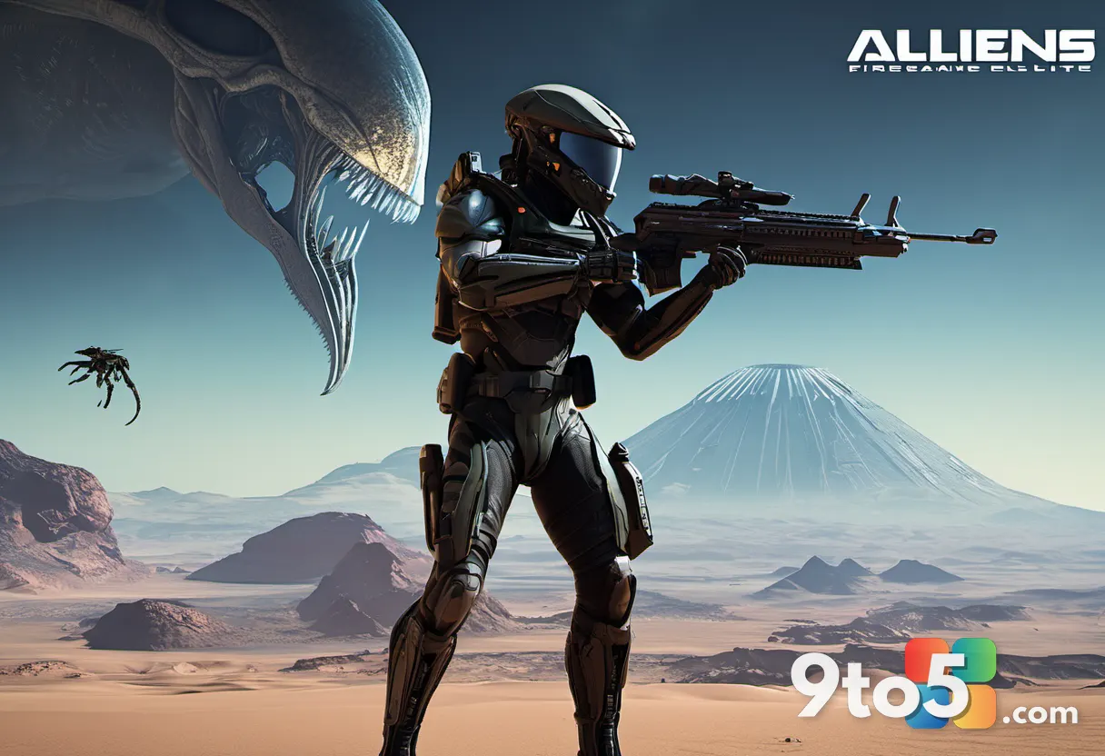 Promotional render of the Aliens Fireteam Elite 2 logo with a silhouette of a marine holding a weapon against a backdrop