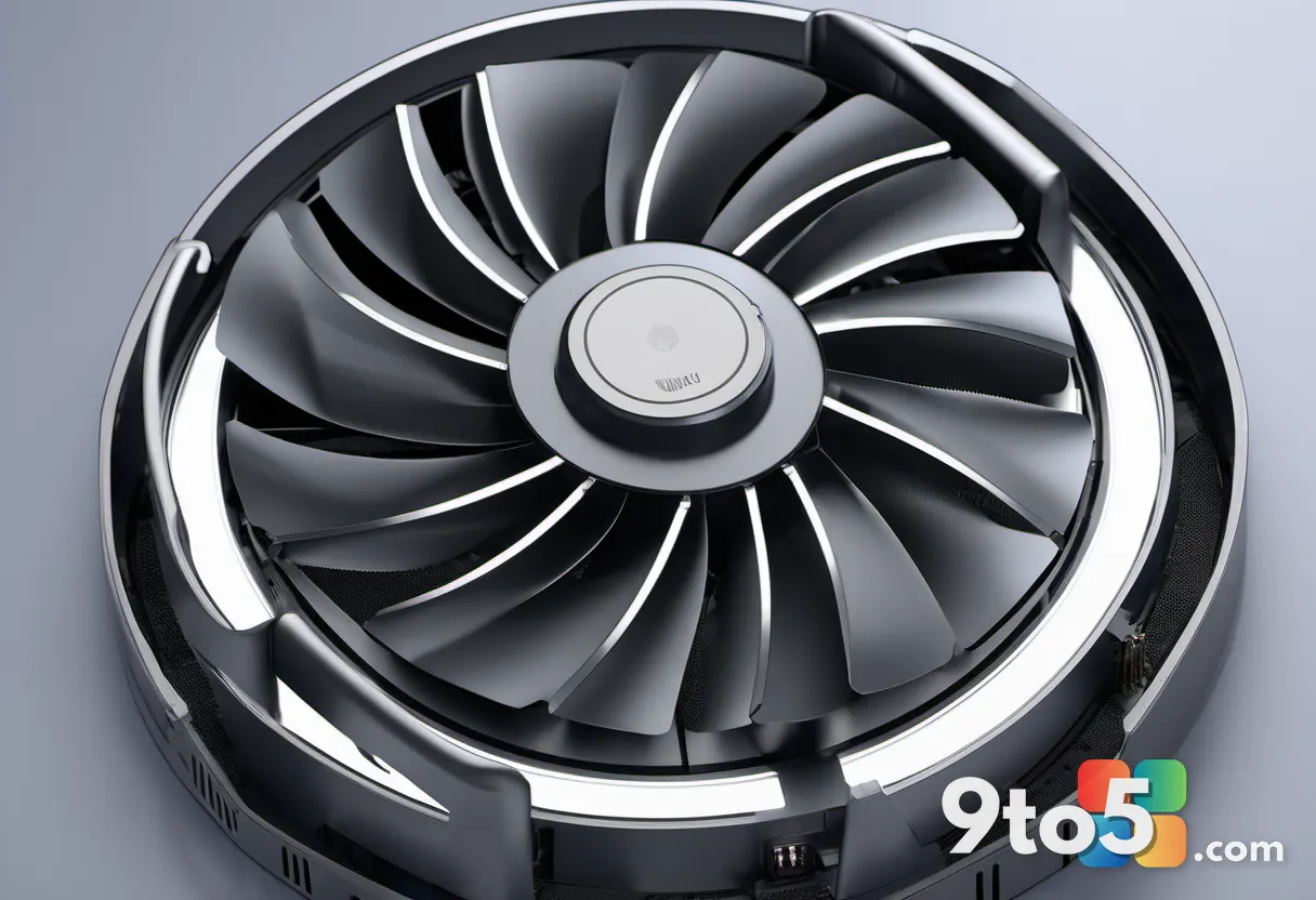 A close-up of a laptop CPU cooling fan spinning, with heat pipes and a metallic heat sink visible in the background.