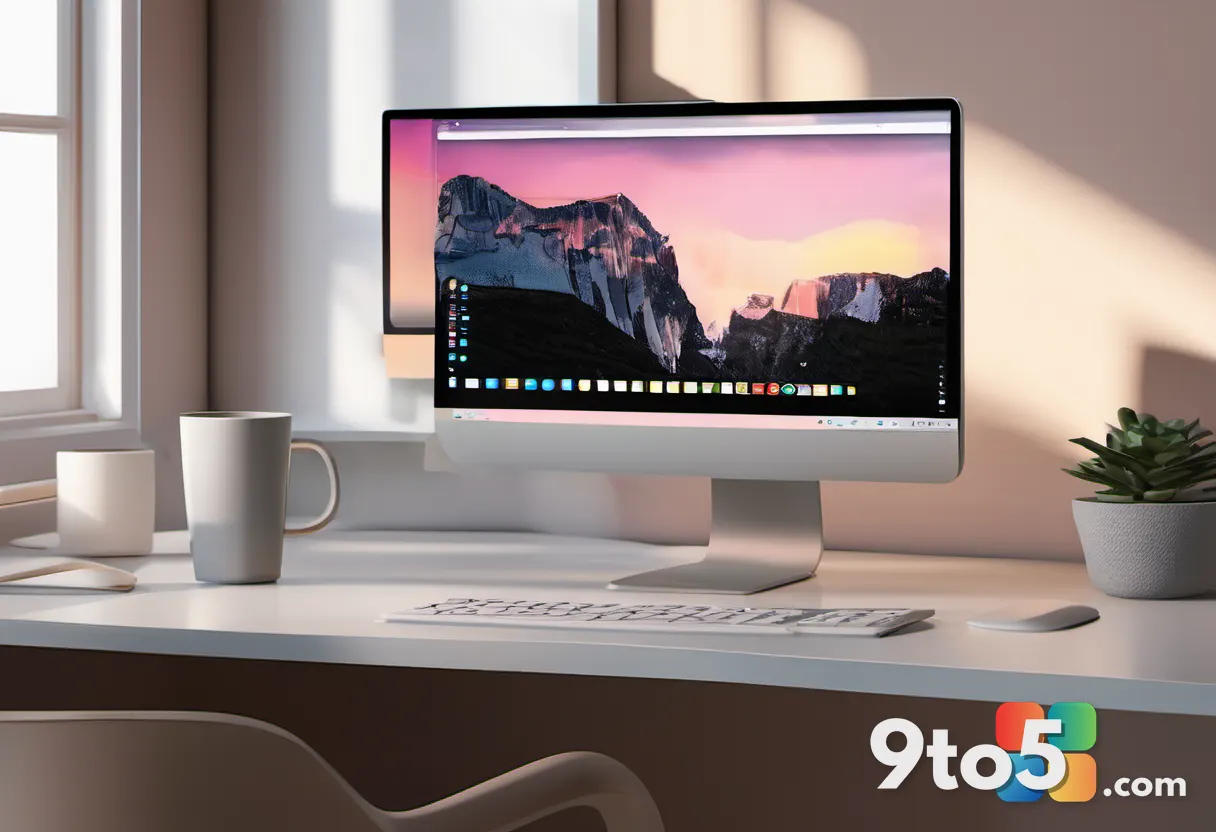 A minimalist desk setup featuring a laptop connected to an external monitor, with soft ambient lighting and a coffee mug