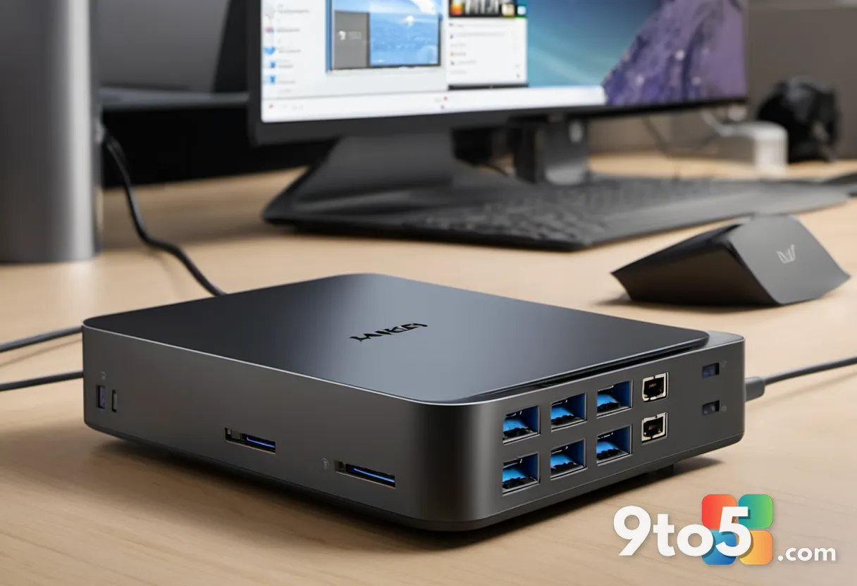 Close-up of the Anker docking station's port array, showing USB-C, USB-A, HDMI, and Ethernet sockets in sharp detail aga