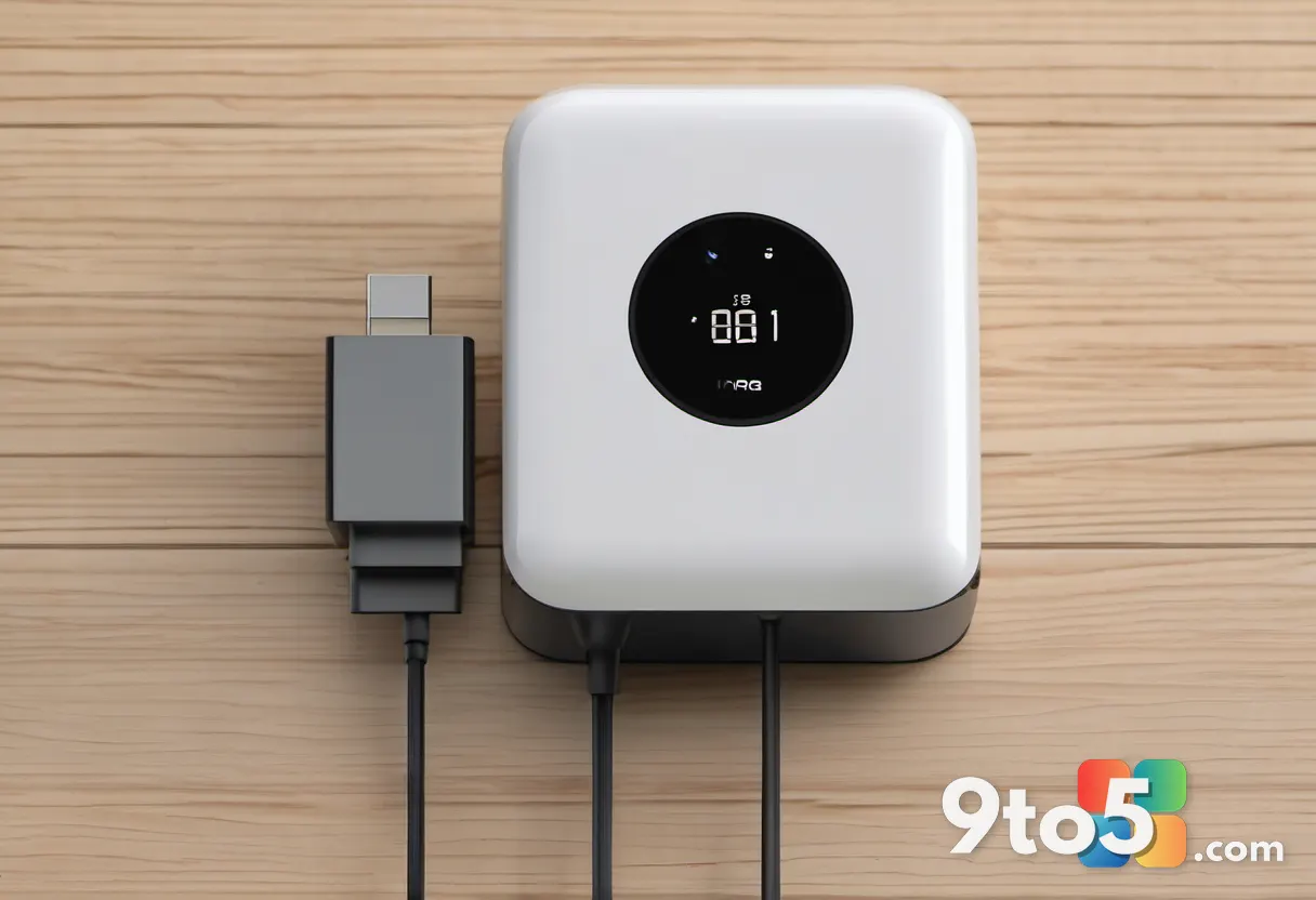 A close-up of a compact black GaN charger with a small digital display showing wattage, plugged into a white power strip