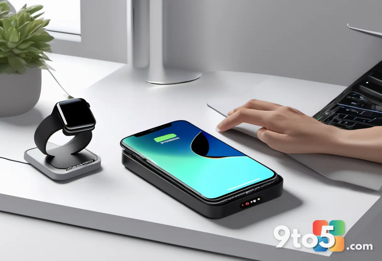 A hand holding a slim, foldable wireless charging station next to a smartphone and smartwatch on a clean white surface.