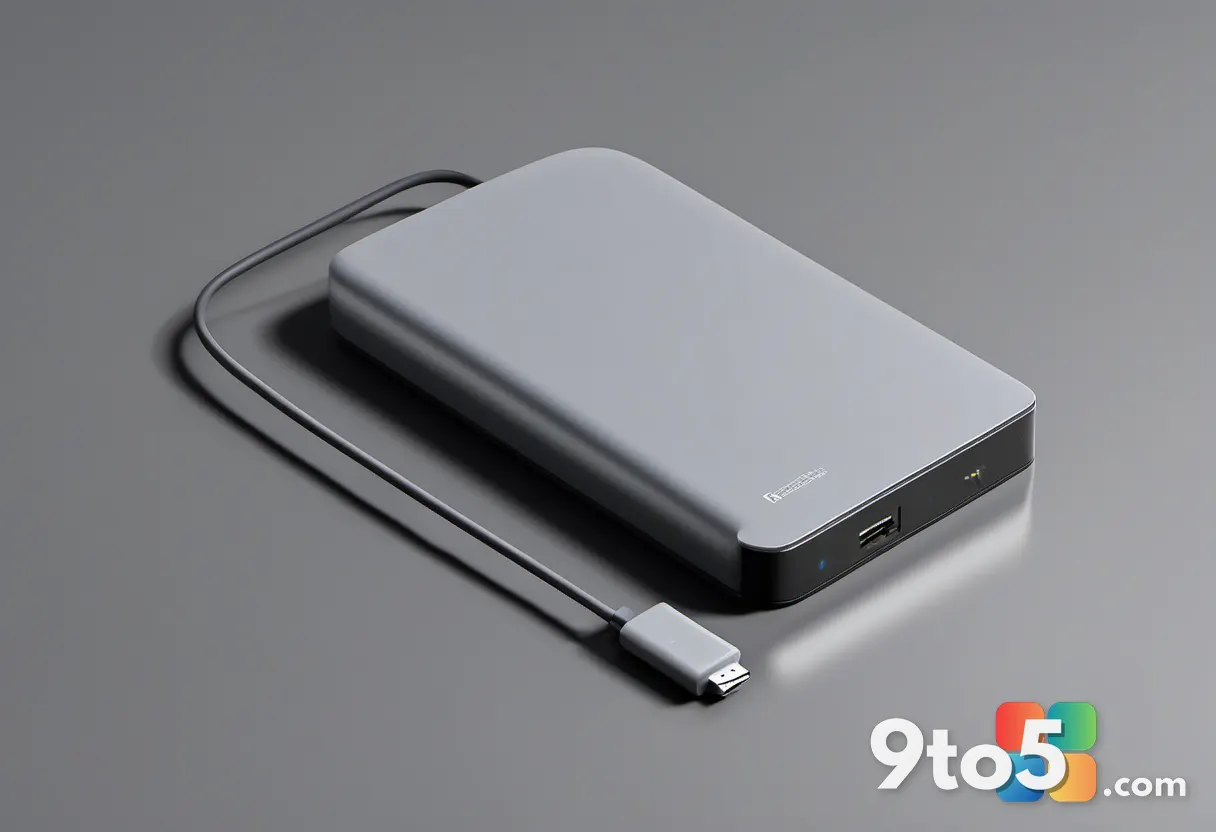 A portable laptop power bank with a retractable USB-C cable extending from its side, resting on a textured gray surface.