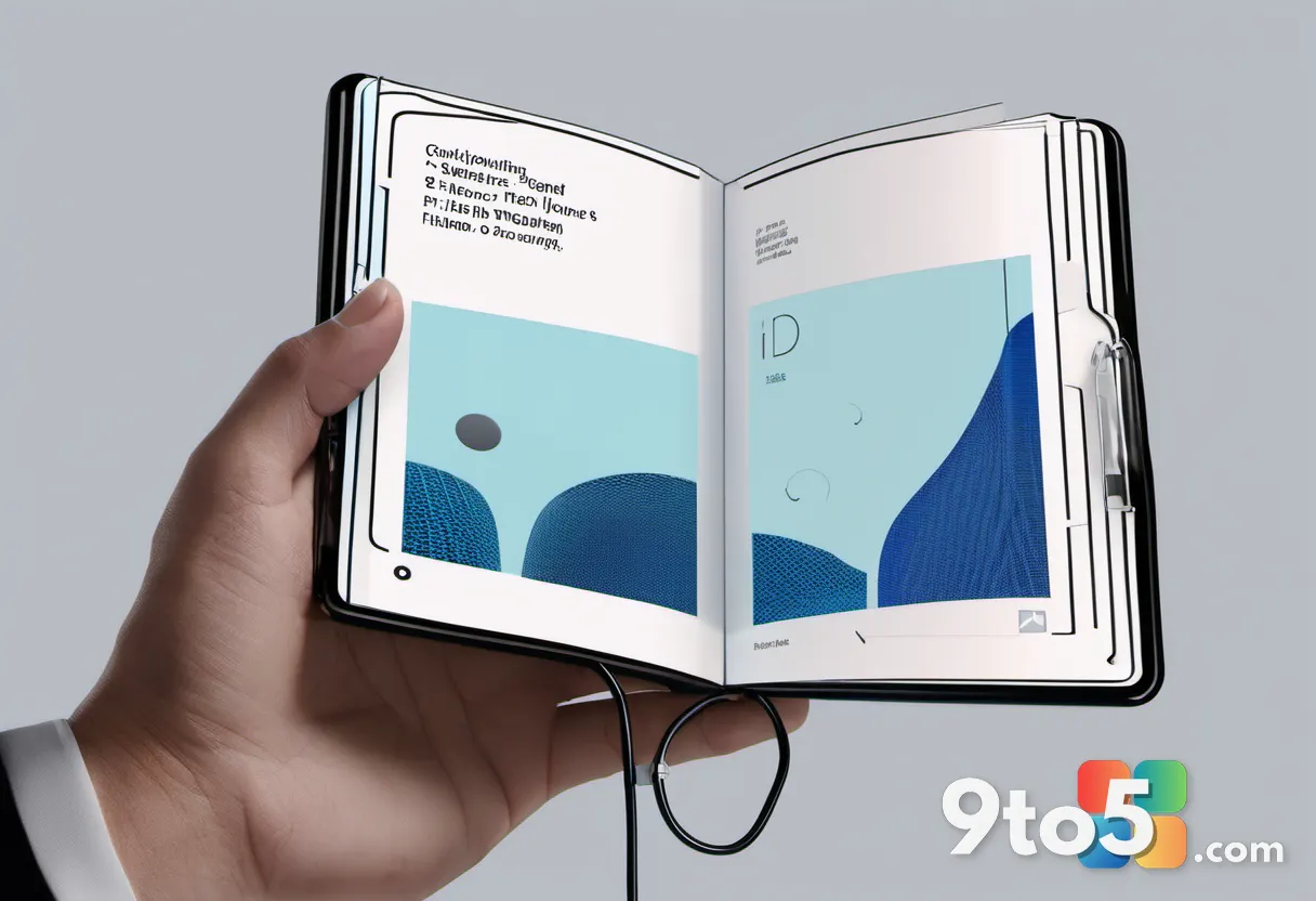 A person holding a hardcover book up to their earbud, with a subtle digital scan effect overlay, clean background, focus