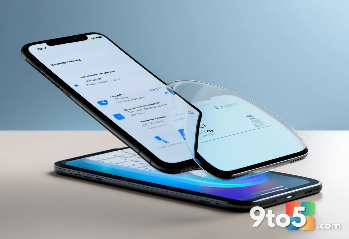 A close-up of a hand holding an iPhone, with a clipboard icon hovering above it, ready to transfer data. The background 