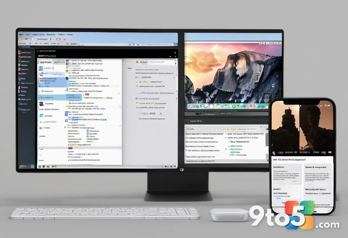 A split-screen view showing text being copied on an iPhone screen and pasted onto a Windows PC monitor, illustrating the