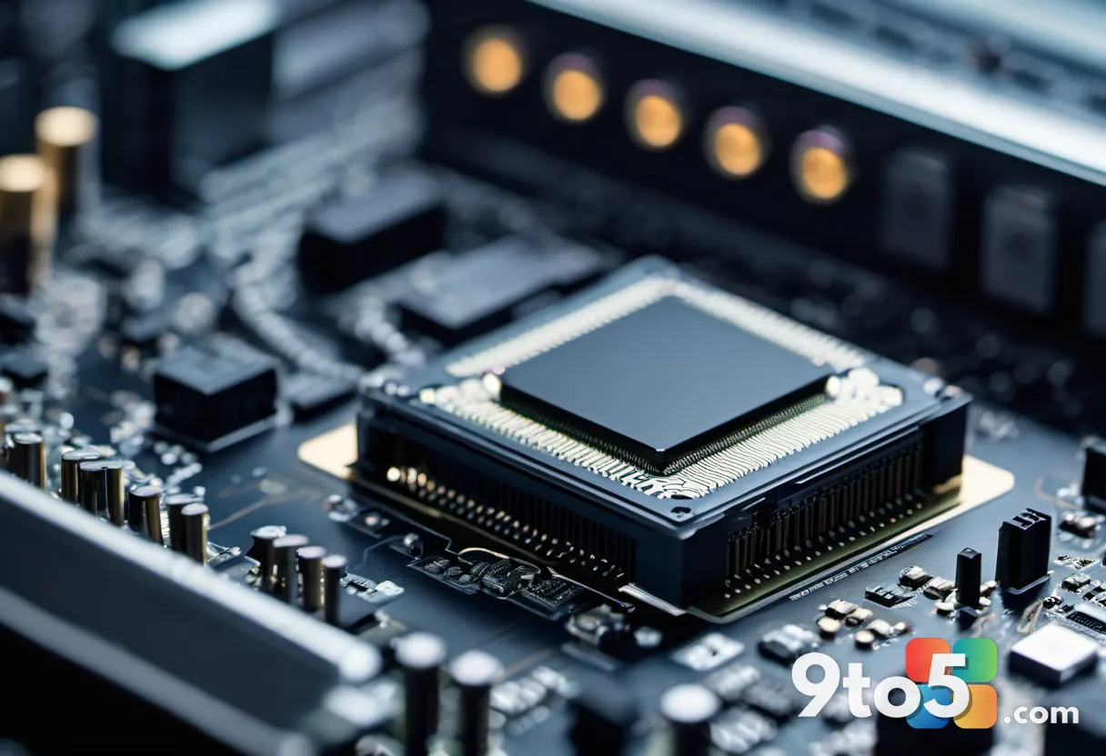 A close-up of a memory module being inserted into a motherboard, with a blurred background of a bustling tech office, hi