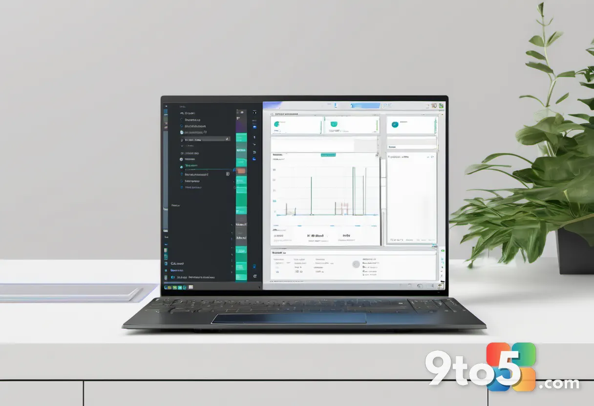 A split composition showing a budget laptop on one side and a Windows desktop interface on the other, connected by a glo