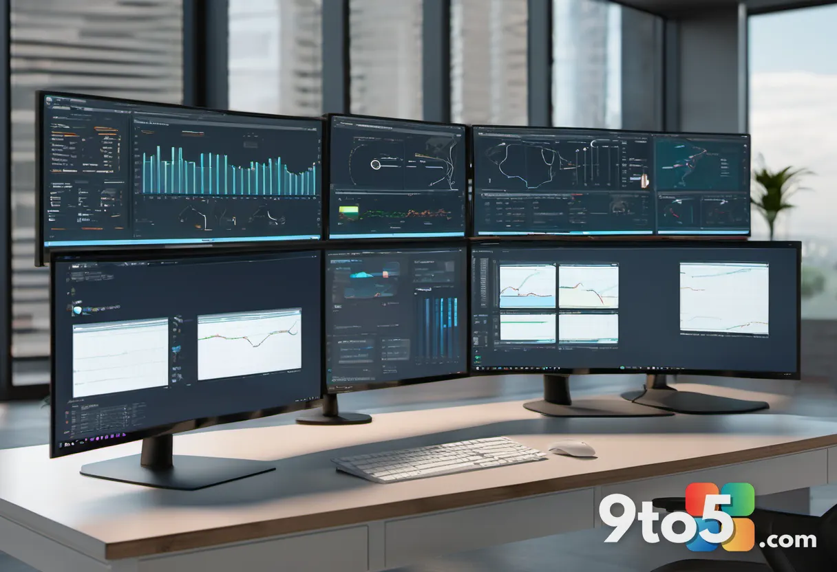 A modern office workspace with multiple monitors displaying code and system metrics, evoking a developer's environment f