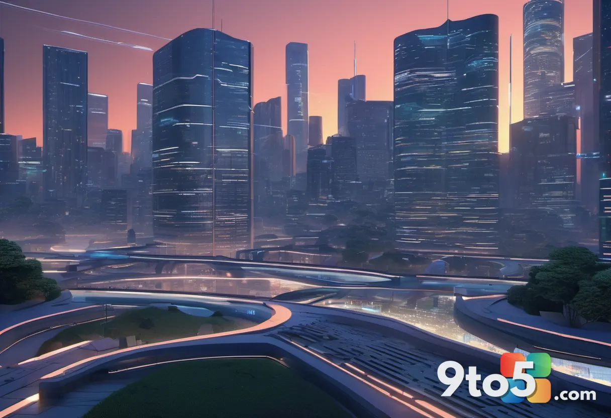A futuristic cityscape at dusk with streams of data flowing between buildings, symbolizing the broader technological shi