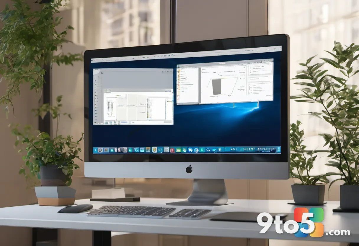 A developer working on a dual-monitor setup with iOS code visible on one screen and Windows API documentation on the oth