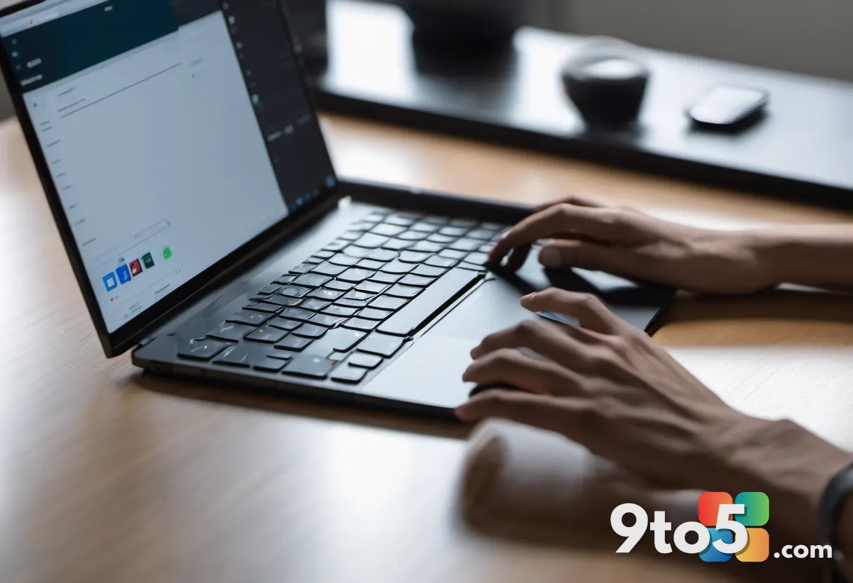 A person holding a smartphone in one hand and typing on a laptop keyboard, natural office lighting, shallow depth of fie