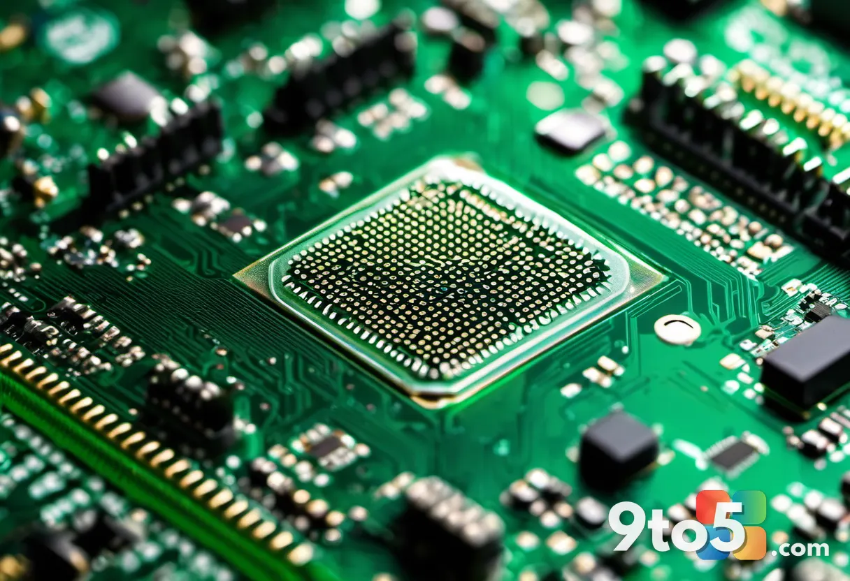Close-up of an Apple M-series chip on a green circuit board, macro photography, warm metallic highlights, shallow depth 