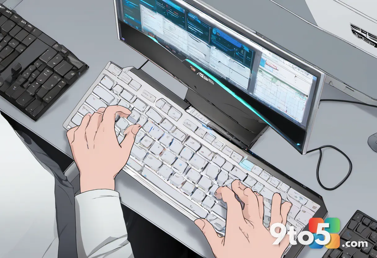 A top-down view of a user's hands typing on an ASUS ROG keyboard with a software update dialog box open on the monitor s
