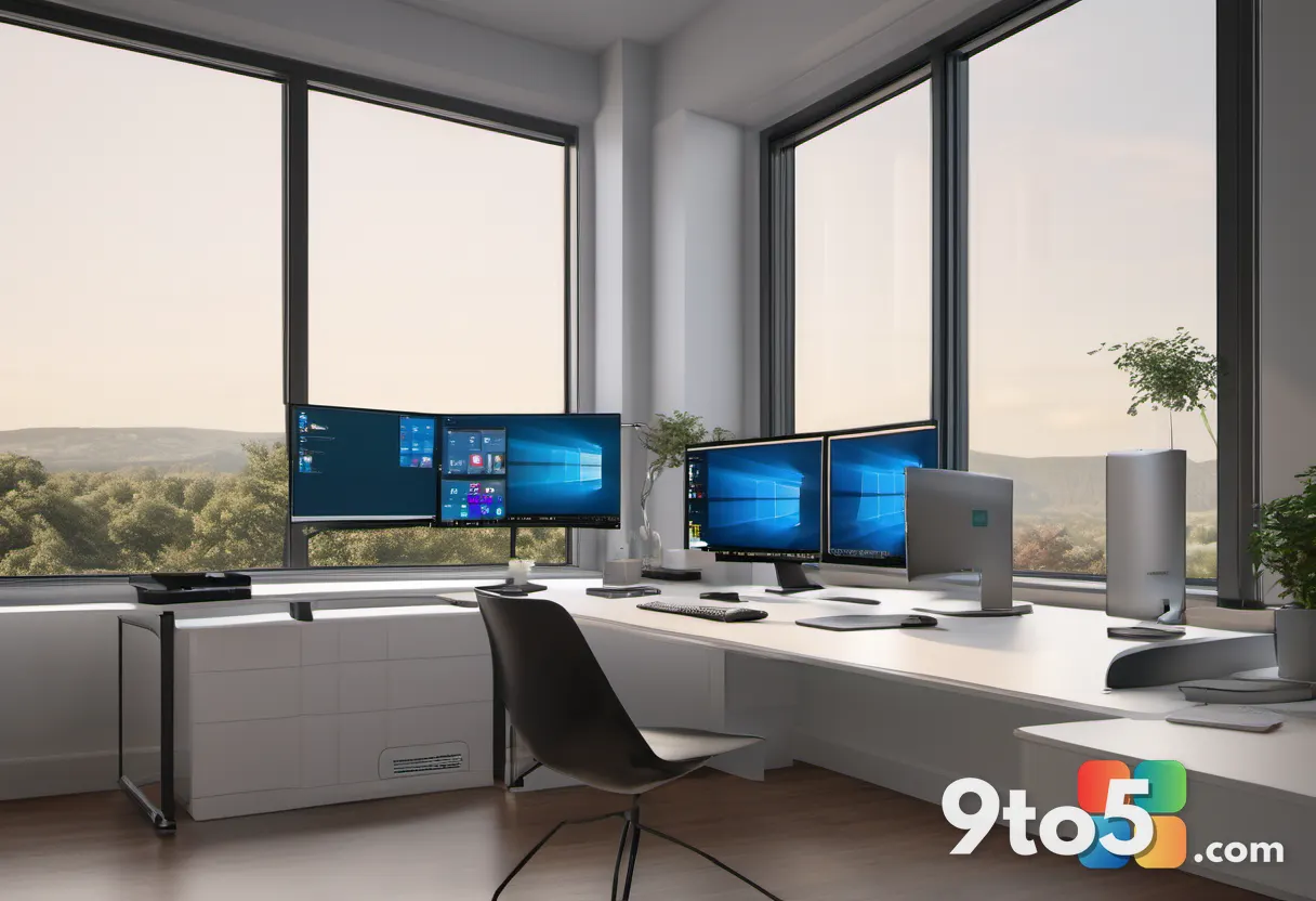A modern home office desk setup featuring the PN54 mini PC connected to two monitors, showcasing its quad-display capabi