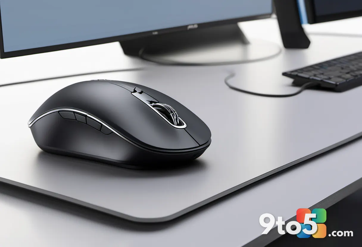 A close-up of the Asus ProArt MD301 mouse highlighting the scroll wheel and buttons, emphasizing its ergonomic features,