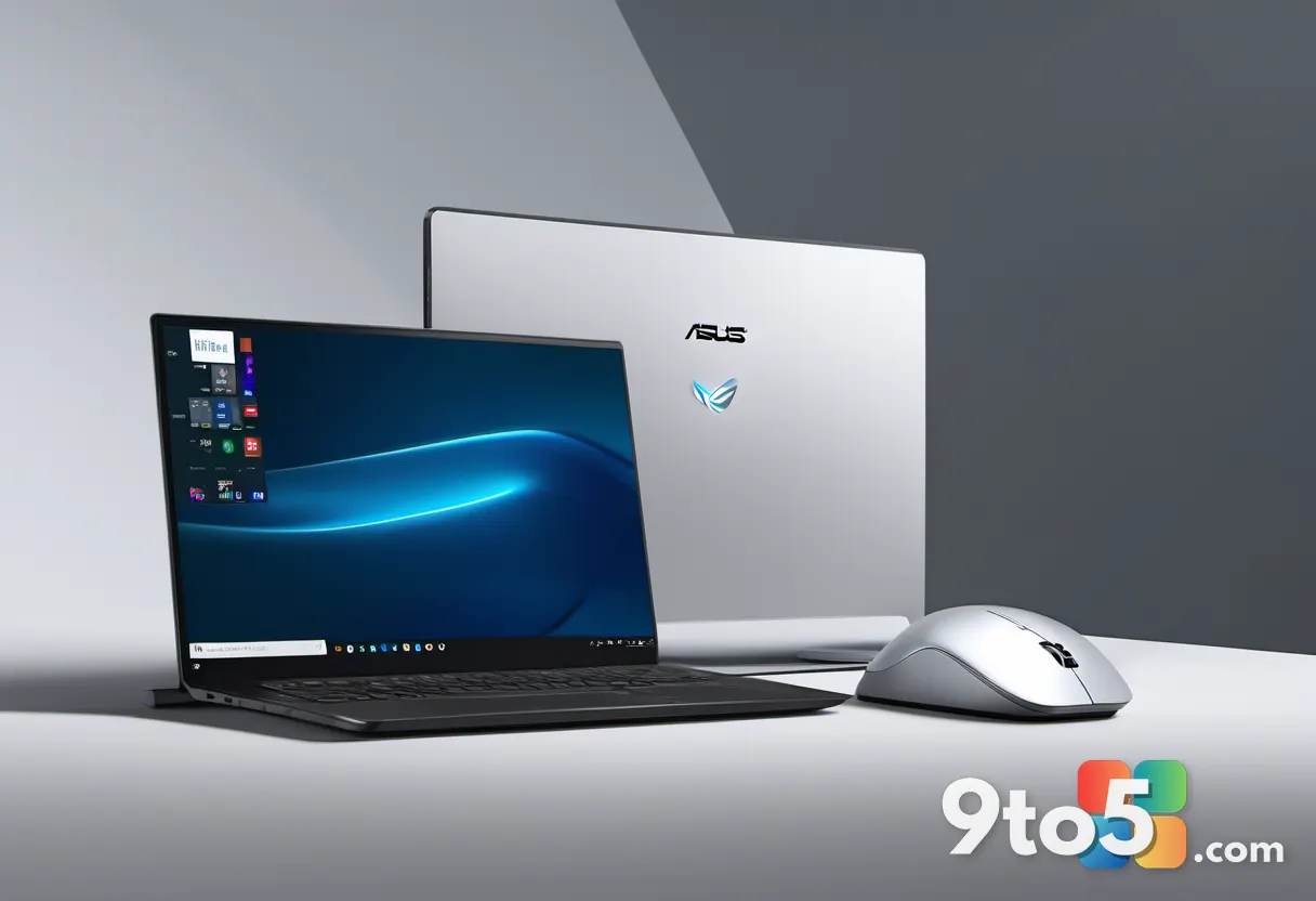 The Asus ProArt MD301 mouse connected to a laptop via a wireless receiver, showcasing its connectivity options, no text 