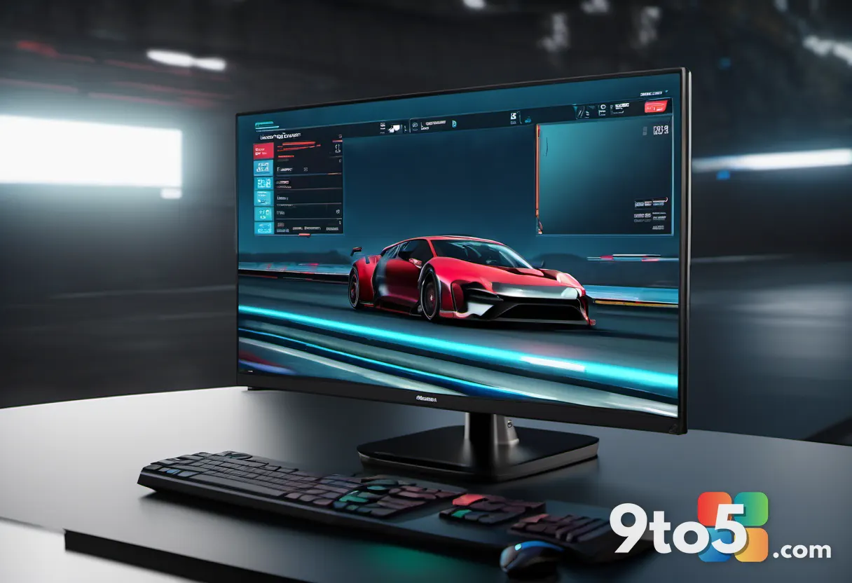 A gaming monitor displaying a fast-paced racing game with motion blur, highlighting smooth refresh rates and deep black 
