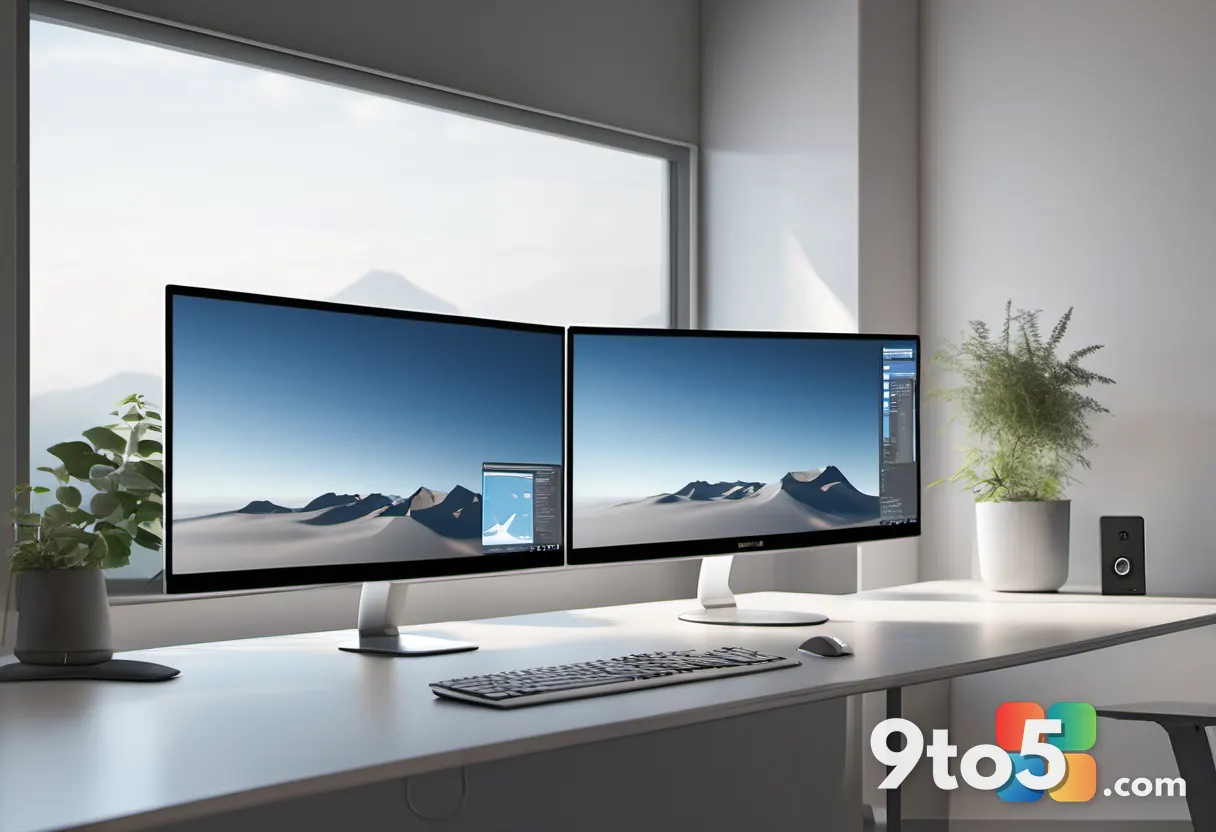 A minimalist desk setup featuring the monitor displaying a clean desktop interface, with soft natural light and a keyboa