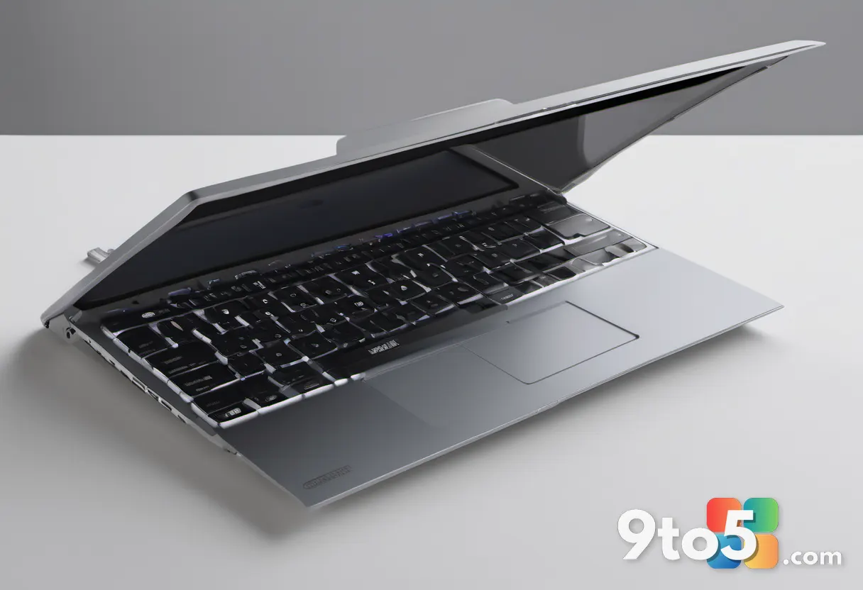 A close-up of a modern laptop hinge and keyboard area, emphasizing thin bezels and a matte silver finish under soft offi