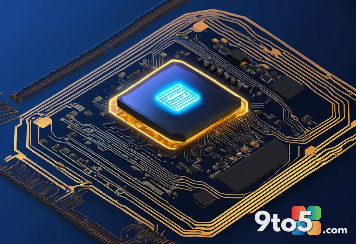 A stylized illustration of a silicon chip with glowing ARM and GPU pathways, set against a dark blue tech background.