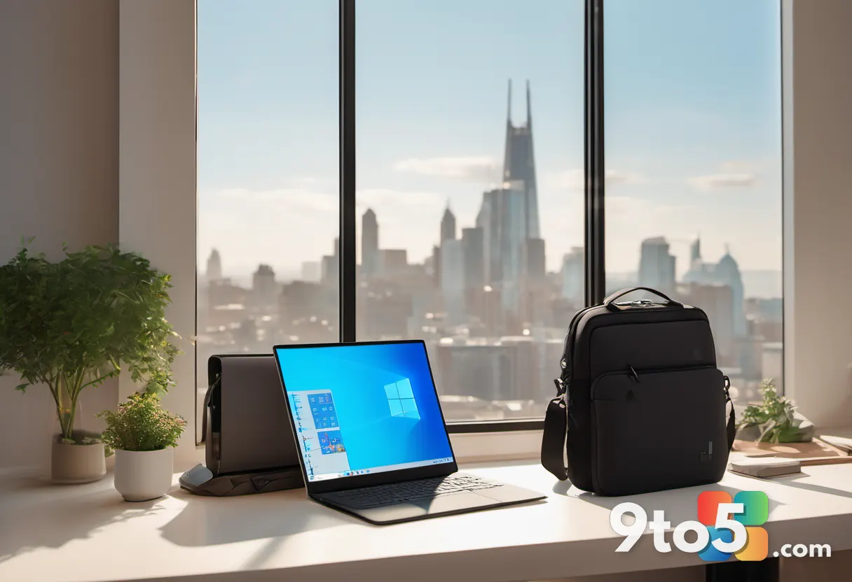A creator packing a slim laptop into a canvas messenger bag, standing near a sunlit window with a cityscape behind them.