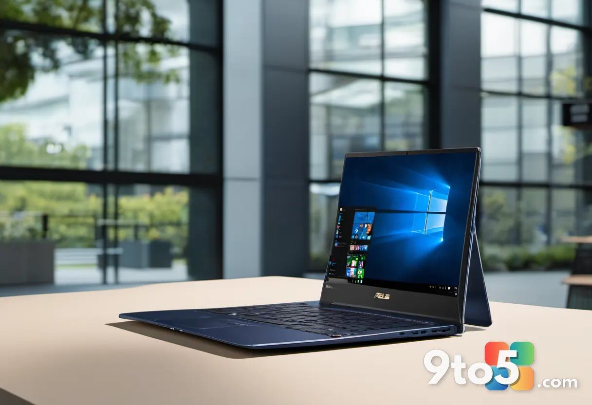 Side view of the ASUS ZenBook 14 showing its ultra-thin chassis and ports, resting on a campus library table.