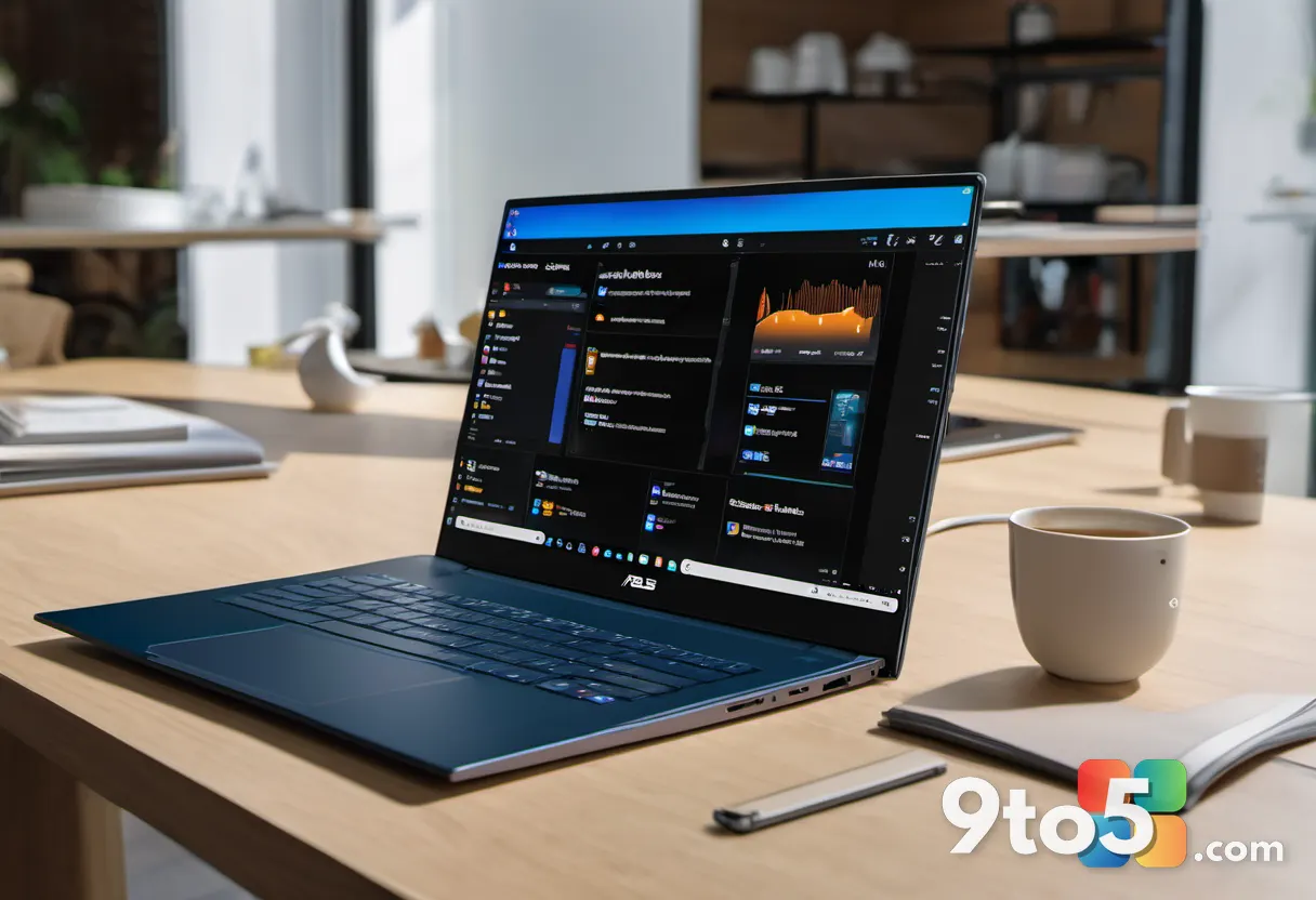A student using the ASUS ZenBook 14 in a bright café, with the OLED screen showing a split view of documents and a brows