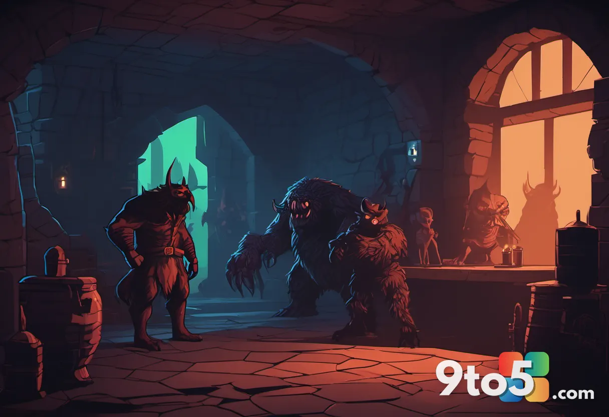 Concept art of a retro RPG party facing a shadowy monster in a dimly lit dungeon, reminiscent of PS1 graphics.