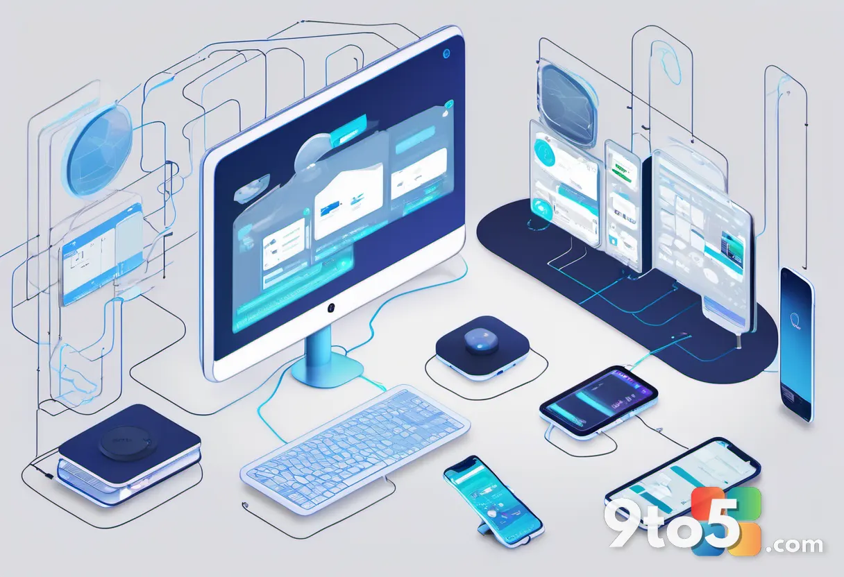 An illustration of a network of connected devices, including a laptop, desktop, and smartphone, with data streams flowin