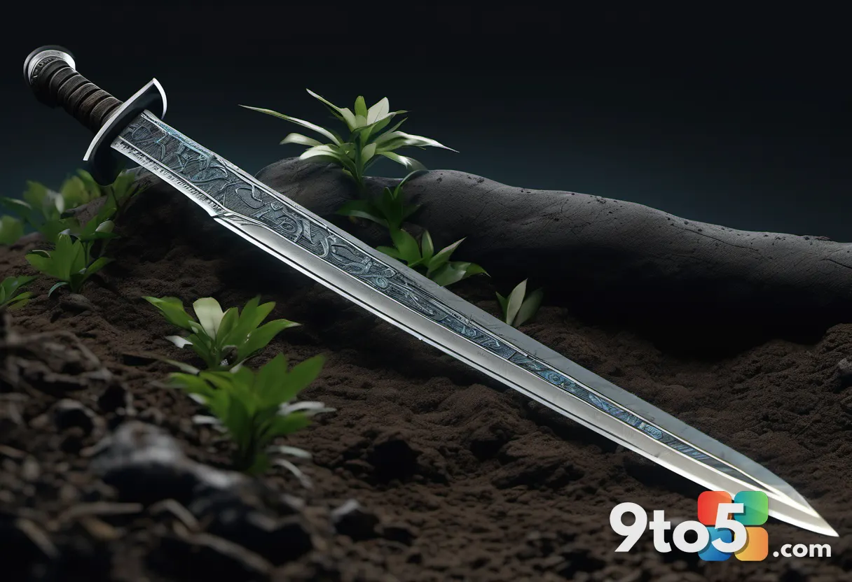 A close-up of a weathered samurai sword embedded in dark soil, with bioluminescent vines wrapping around the hilt, soft 