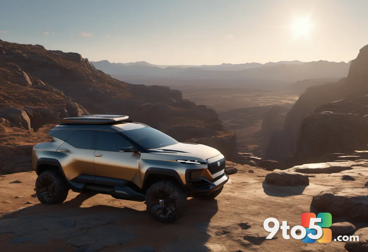 A wide shot of the Cleanse Walker vehicle parked on a rocky cliff, overlooking a vast corrupted valley, golden hour ligh