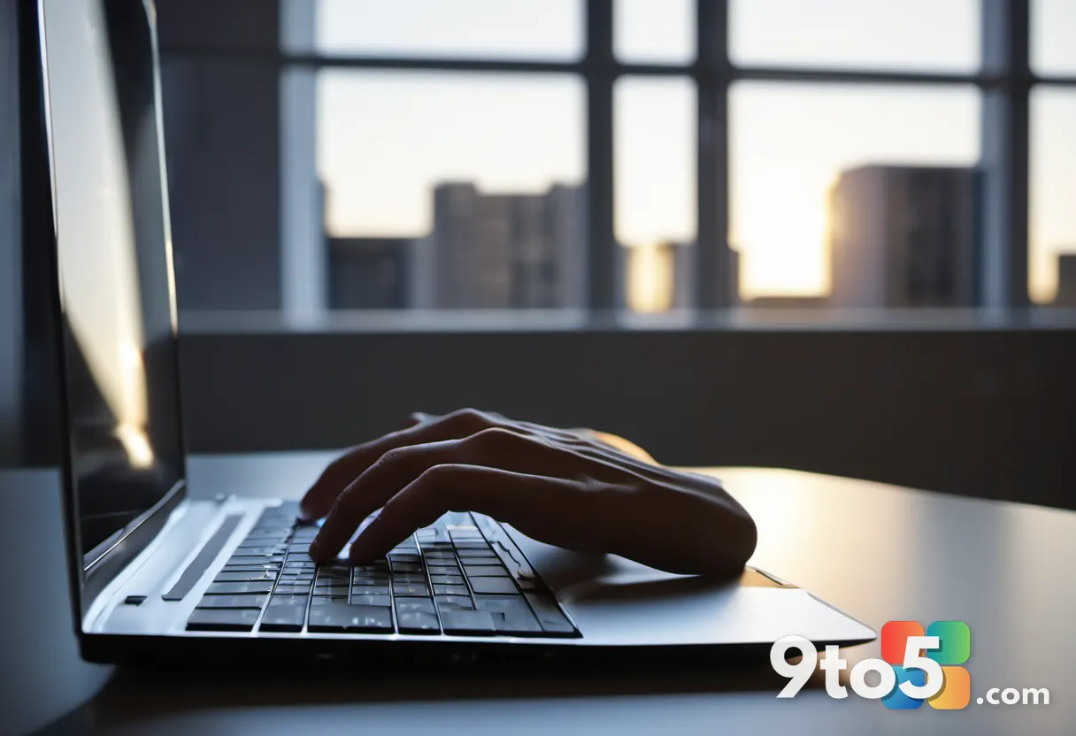 Close-up shot of a hand typing on a backlit laptop keyboard with a blurred office window in the background, conveying pr