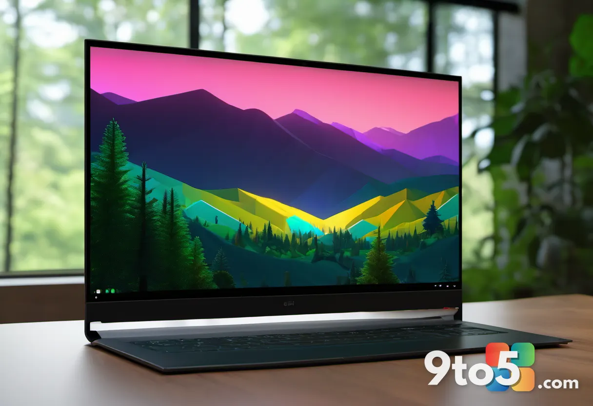 A vibrant OLED laptop screen displaying a vivid forest landscape, emphasizing color accuracy and contrast in a dimly lit