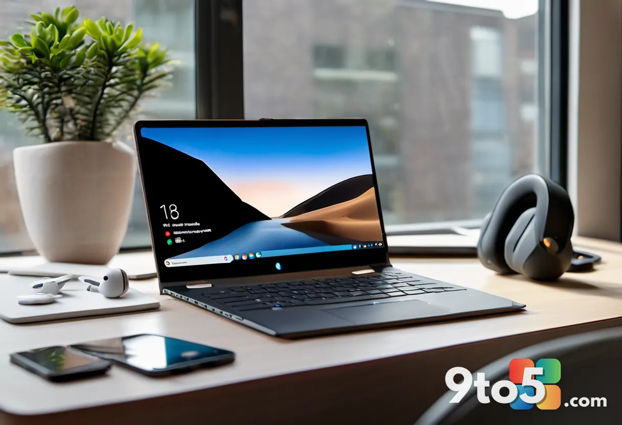 A tidy desk with a Chromebook, a smartphone, and a pair of wireless earbuds arranged neatly, showcasing a minimalist mob