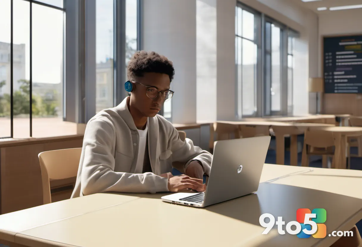 A student sitting in a bright library studying with a Chromebook, surrounded by books and a water bottle, capturing an a