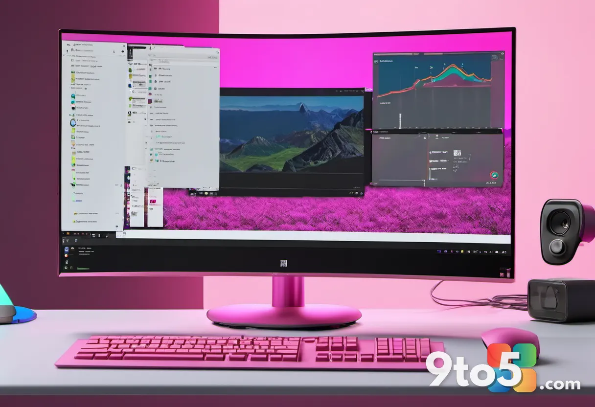 A close-up of a colorful budget gaming monitor in pink and white, sitting on a clean desk with a headset resting nearby.